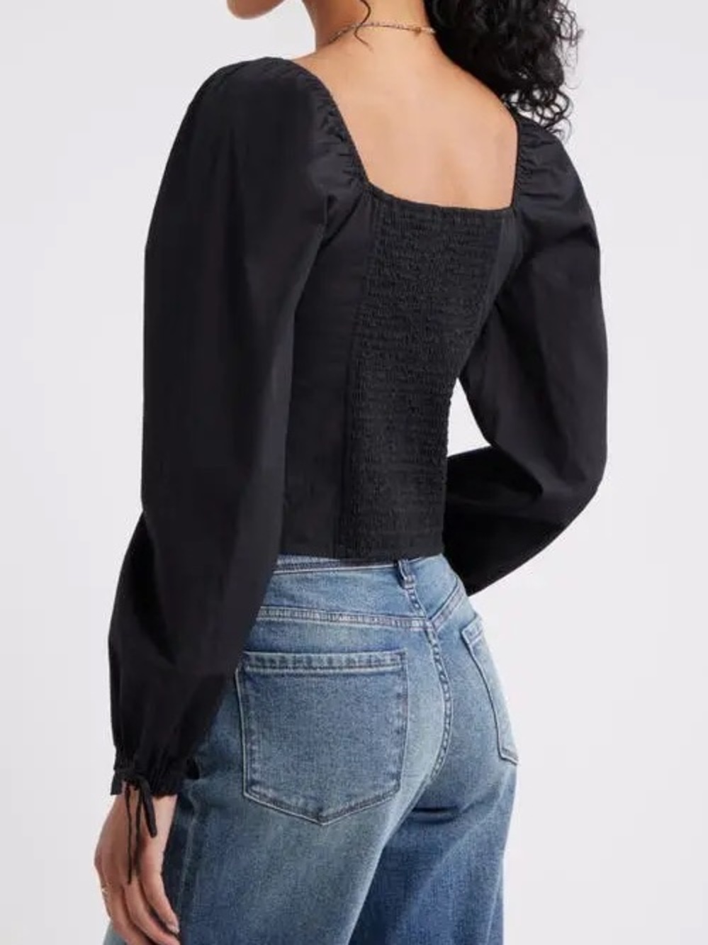 bp Black Smocked Square Neck Puff Sleeve Crop Top